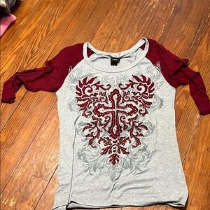 Women's Burgundy and Gray Embellished Top